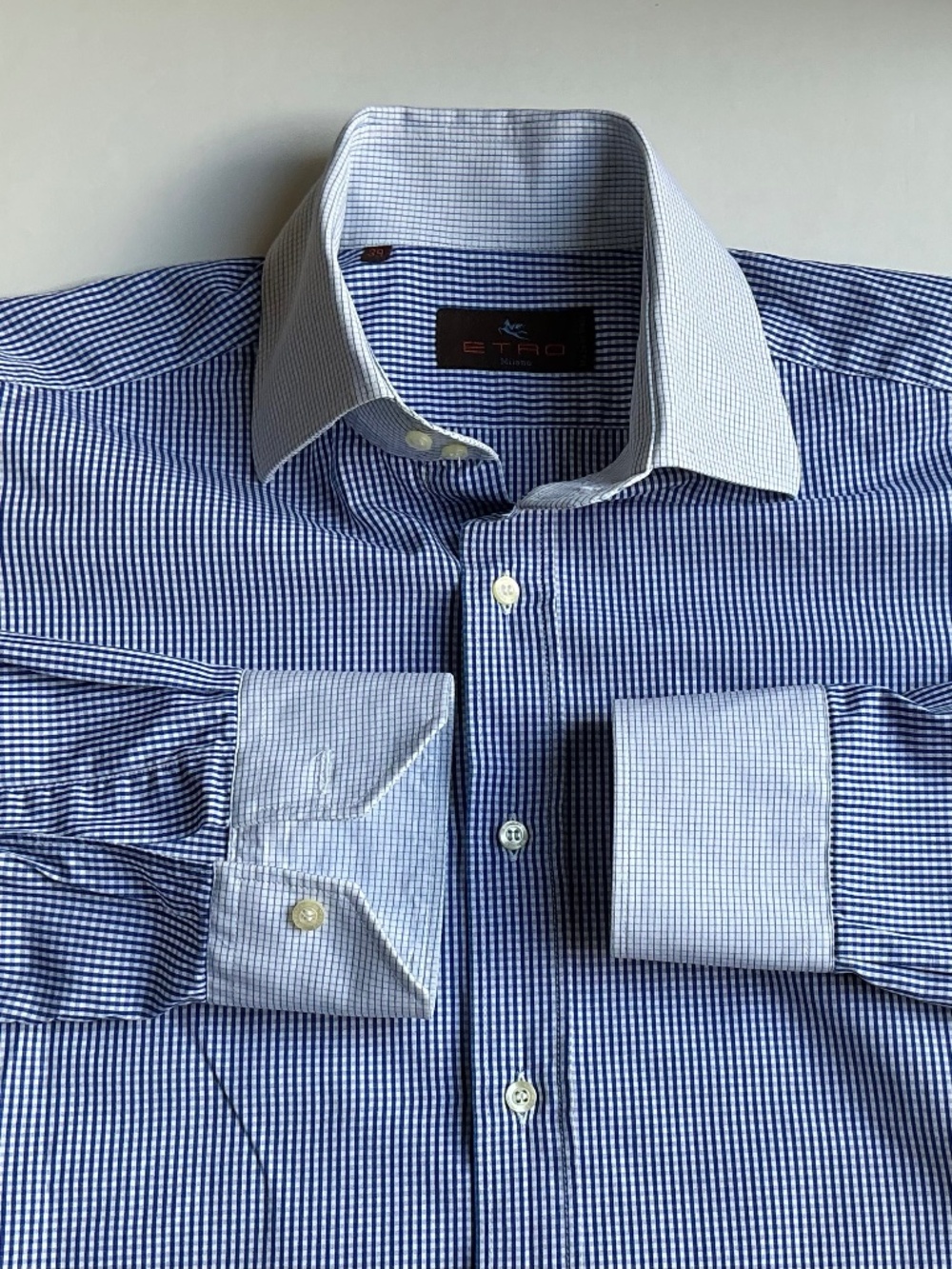 ETRO Milano checkered blue cotton shirt Sz 15.5 made in Italy 🇮🇹
